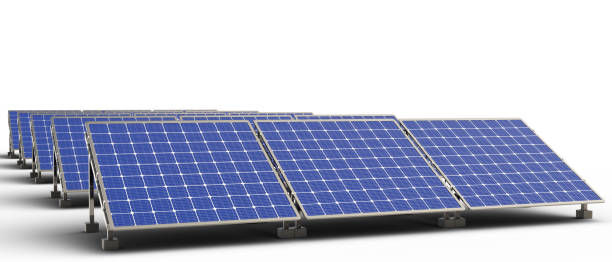 istock Solar batteries. Panel for accumulation of sunlight. Solar batteries isolated on white. Power station. Solar batteries installed at angle. Electric generators on metal racks. 3d image 2157626993
