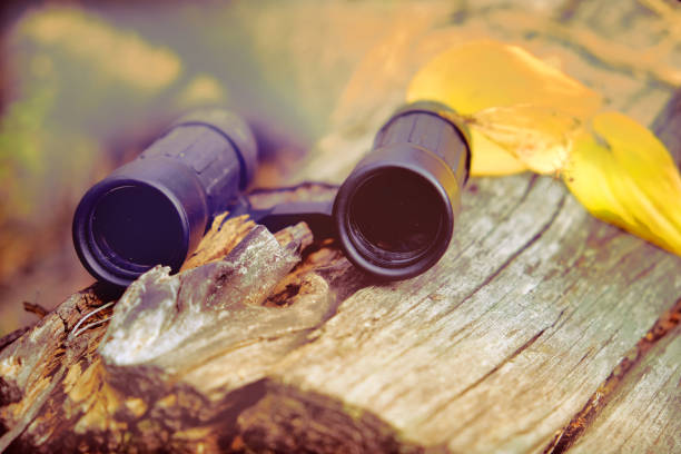 Binoculars in the forest. Traveling, hiking, walking, enjoying vacations