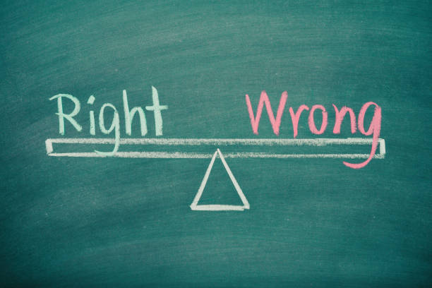 Text word Right and Wrong balance on seesaw drawing writing on chalkboard or blackboard background.