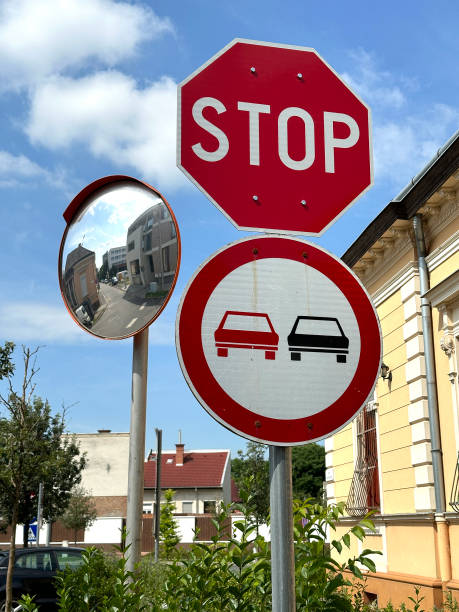 Stop and do not overtaking sign at the road crossing