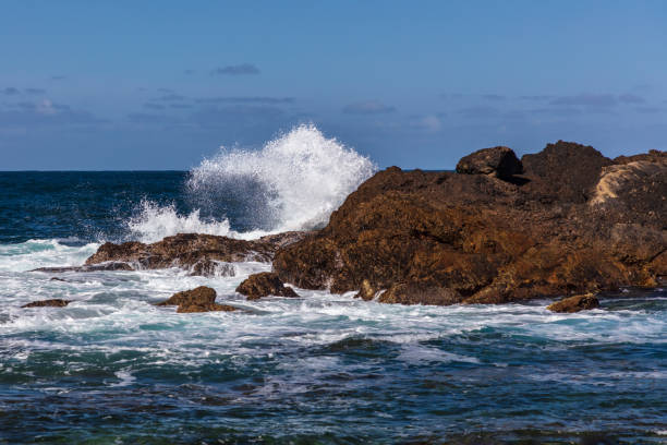 Wave breaking on rocky shoreline, Point Lobos State Preserve, Monterey, California. Blue sky in the background.