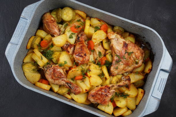 Tender chicken and fresh vegetables simmer in a flavorful broth.