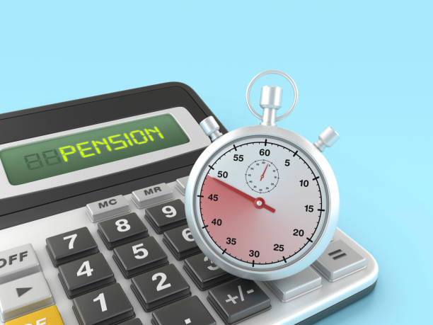 istock 3D Stopwatch with Calculator Pension Word 2157646760