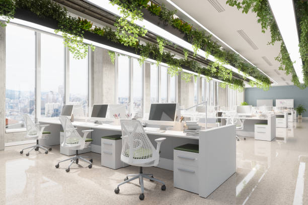 Eco-Friendly Modern Office Interior With Creeper Plants, Office Chairs, Desks And Cityscape Through The Window