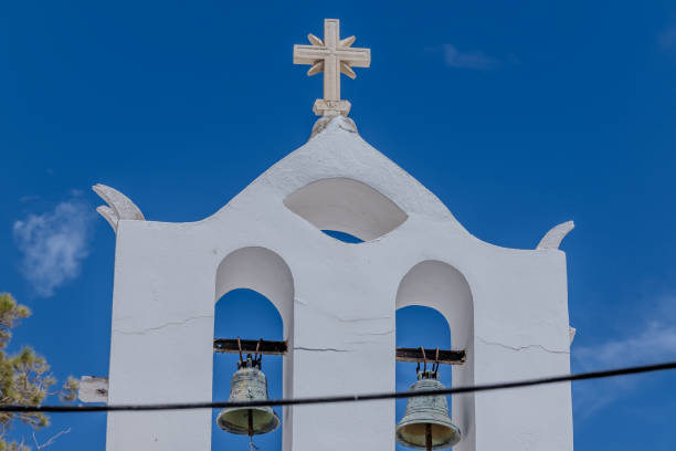 View of the top of a beautiful whitewashed orthodox church in Ios Greece and a blue sky in the background