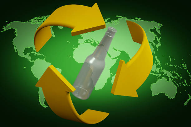 3D illustration. Ecology. Recycling. Recycling symbol revolves around a glass bottle.