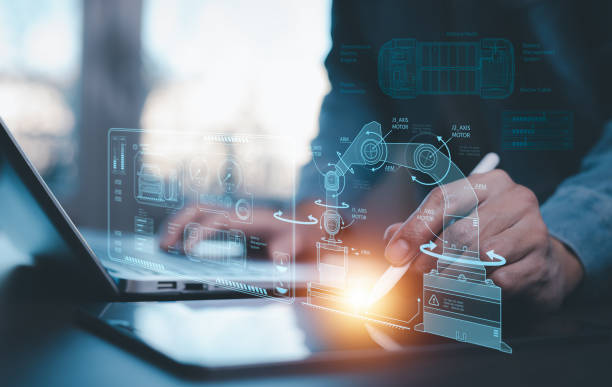 istock Digital future manufacture concept,Industrial Engineer and AI, Artificial Intelligence concept, Manager Technical Industrial Engineer people and control robotics with monitoring system software 2157664859