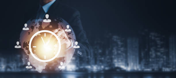 istock Nonstop Customer Service 24 hr concept. Business people working on laptop virtual 24-7 with the clock worldwide nonstop and full-time available contact of service concept 2157664877