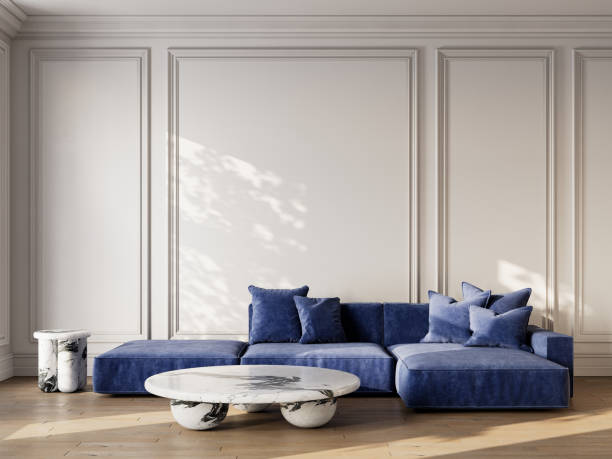 istock Contemporary classic white interior with blue velour sofa, marble coffee tables and moldings. 3d render illustration mockup. 2157666259