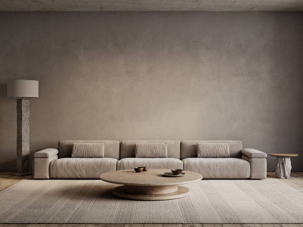 istock Gray loft interior with big sofa, carpet, coffee tables, floor lamp and decor. 3d render illustration mockup. 2157666270