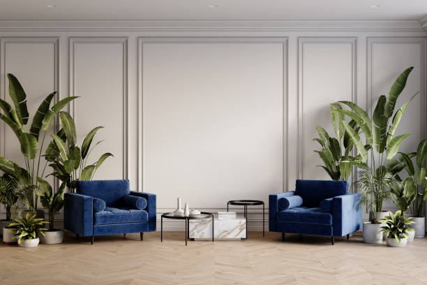 istock Classic white interior with blue velour armchairs, plants, moldings, coffee tables and decor. 3d render illustration mockup. 2157666314