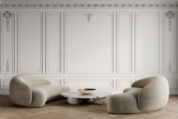 istock Two white boucle fabric sofa in classic white interior with moldings and marble coffee table. 3d render illustration mockup. 2157666327