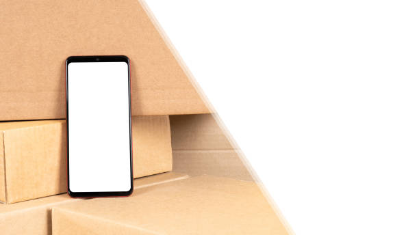 Phone white screen. Parcel delivery metaphor. Advertising banner for courier delivery. Phone blank display on boxes. Smartphone and copy space. Place for courier website. Courier template. 3d image