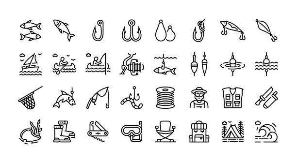 Fishing line icon set. Group of object. To catch fish, fishing hook, fishing rod, fisherman, school of fish. xxxx line icon set. Group of object.Fishing line icon set. Group of object. To catch fish, fishing hook, fishing rod, fisherman, school of fish. fisher role stock illustrations