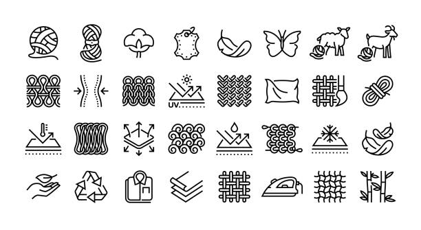 ilustrații de stoc cu set de pictograme pentru țesături și linii textile. grup de obiecte. piele, tricotate, lână, mătase, bumbac, fire, industrie. - industria textilă
