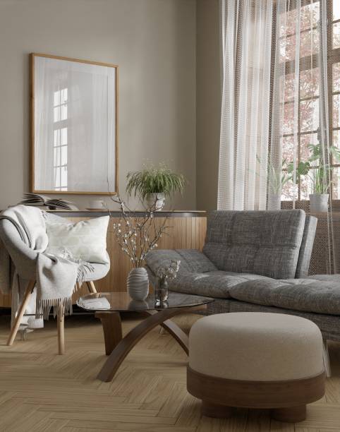 istock Mockup poster wood frame in empty picture living room, scandinavian style, element interior vertical, on the wall. in illustration 3d render 2157670902