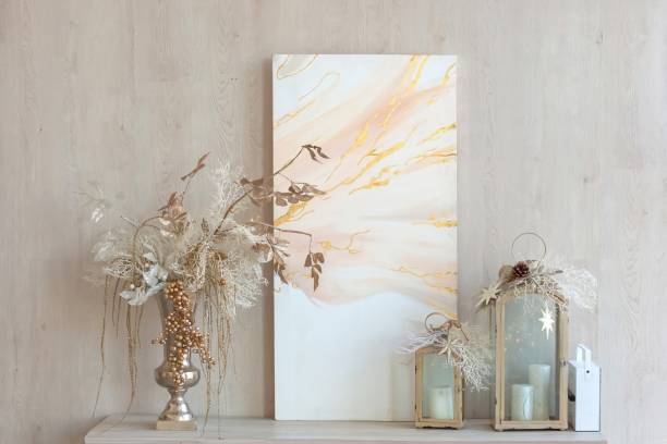 Interior floral poster mock up with vertical wooden frame. Concept with navy blue shelf