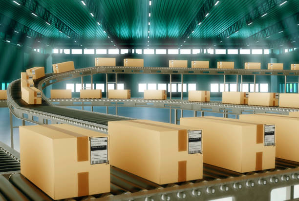 Delivery service warehouse. Conveyor with boxes for delivery. Automated warehouse. Distribution center with card boxes. Conveyor with parcels inside industrial building. Parcel delivery. 3d image