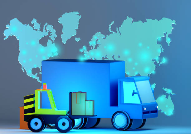 Transnational cargo transportation. Forklift and truck. Preparing cargo for transportation. Concept supply chains. Truck and world map. International cargo transportation. 3d rendering.