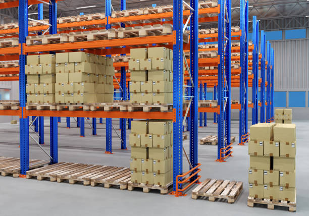 istock Warehouse Logistics. Pallets With parcels in logistics center. Warehouse with multi-tiered blue racks. Logistics center of courier service. Pallets With parcels on metal shelves. 3d rendering. 2157673554