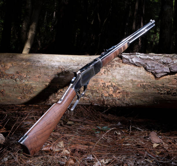 istock Nighfall coming over the forest and lever action rifle 2157687599