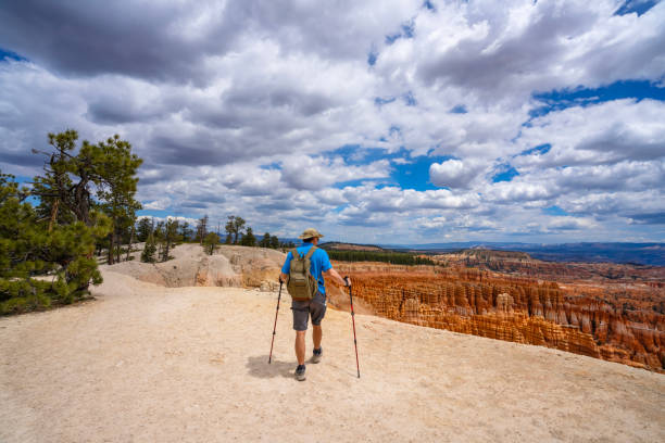 Man hiking in beautiful mountains in Utah. Man enjoying time in nature, hiking Rim Trail . Bryce Canyon National Park, Utah, USA. Copy space.