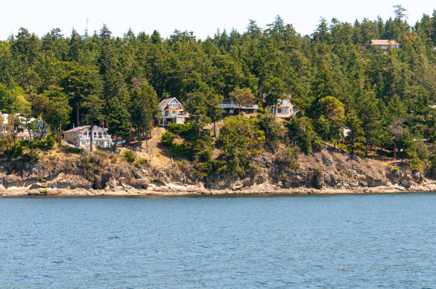 Houses near Vancouver: A row of charming houses perched on a rocky shoreline, surrounded by dense forest with clear blue water in the foreground.