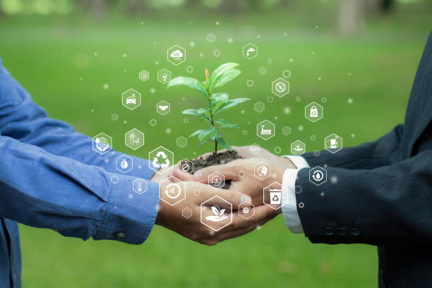 istock Business people are holding a tree with Environment icon for ESG, co2, net zero. Concept of World sustainable environment, Save our Planet, World Environment Day, World Earth Day and Climate change. 2157696662