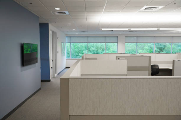 istock cubicles inside office building with green trees outside the window 2157702057