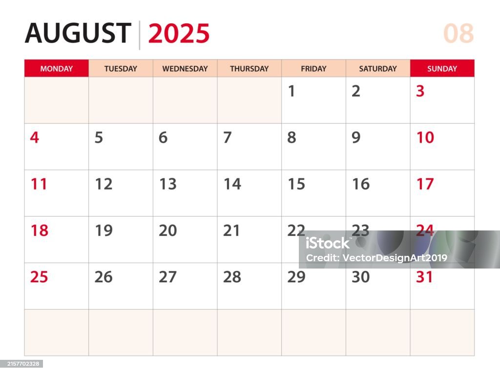Calendar Planner 2025 August 2025 Template Week Start On Monday Desk