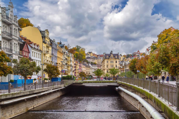 Embankment of Tepla river in Karlovy Vary city center, Czech republic