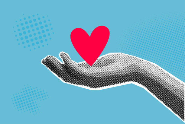 bildbanksillustrationer, clip art samt tecknat material och ikoner med heart on the palm, charity illustration, trendy halftone magazine style, vector banner - kärlek