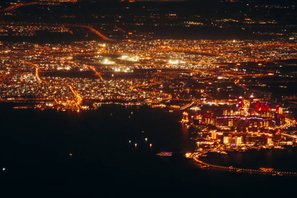 View of Doha at night from an airplane