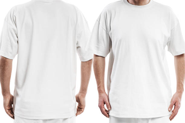 Front and back views of a man wearing a white, oversized t-shirt with blank space, ideal for a mockup, set against gray background.