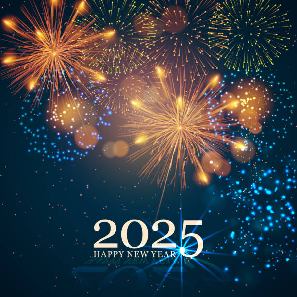 greeting card happy new year 2025. beautiful square holiday web banner or billboard with text happy new year 2025 on the background of fireworks. vector illustration. - tahun baru ilustrasi stok