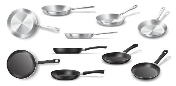 stockillustraties, clipart, cartoons en iconen met non stick and stainless frying pans realistic illustrations - gebakken in de pan