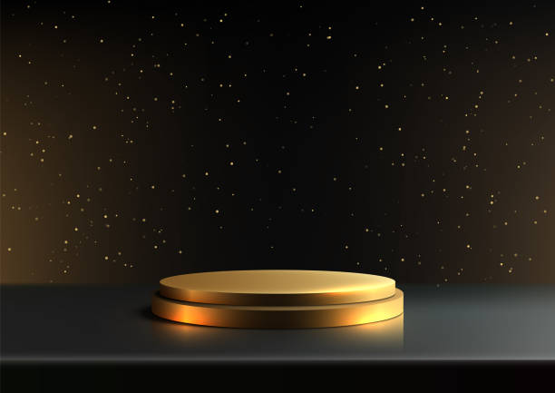 istock 3D Gold Podium on Dark Background with Sparkling Glitter for Luxury Product Display 2157716674