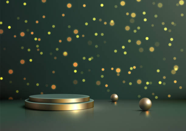 istock Luxury 3D Gold Podium with Two Balls on Green Background with Bokeh, Elegant Product Display and Mockup 2157716679