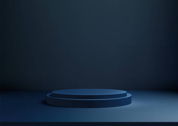 istock Blue 3D Podium on Dark Blue Background for Modern Luxury Product Display, Mockup, Showroom 2157716717