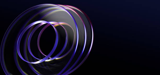 Abstract 3d black background wallpaper with glass transparent circles and colorful light iridescent neon holographic gradient. Crystal render rings, digital graphic design tech banner