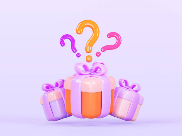 istock Gift boxes with surprise and question marks 3d banner. Mystery closed presents, color packages with ribbon bow and signs of prize or bonus on purple background, render cartoon icons 2157716752