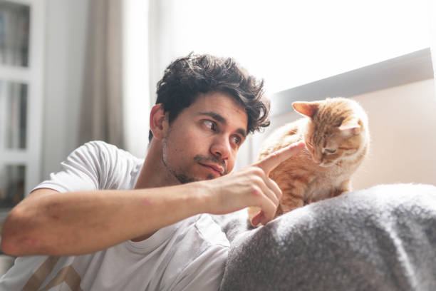 istock young man sitting on a sofa by the window interacts with a brown cat 2157717475
