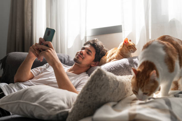istock young man sitting on a sofa by the window interacts with a brown cat 2157717490