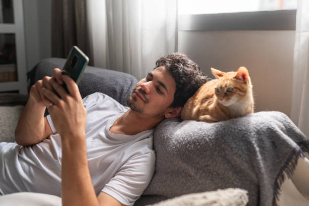 istock young man sitting on a sofa by the window interacts with a brown cat 2157717494