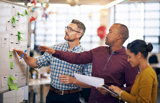 istock Business people, whiteboard and brainstorming with planning, project and share ideas with proposal. Group, employees and staff with schedule, talk and cooperation with copywriting and creative agency 2157718470
