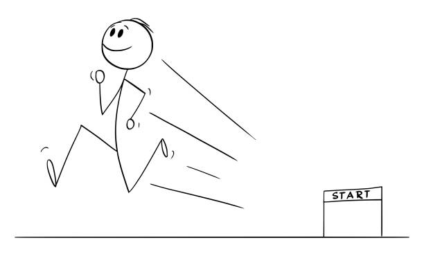 bildbanksillustrationer, clip art samt tecknat material och ikoner med person running or track, vector cartoon stick figure illustration - streckfigur