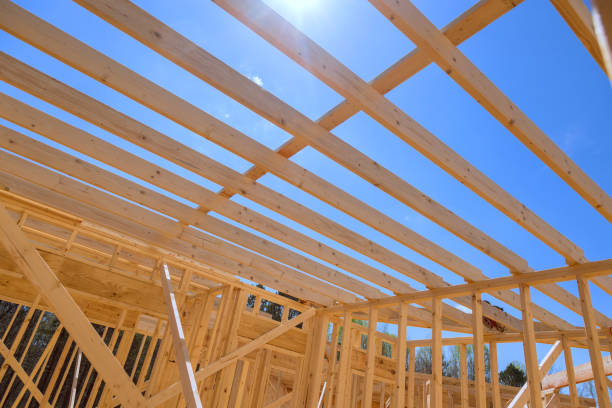 istock An installation ceiling roof trusses, framework beams, rafters was carried out during construction of a new home 2157727964