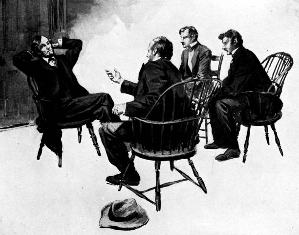 Abraham Lincoln talking with a group of men. Vintage etching circa late 19th century.