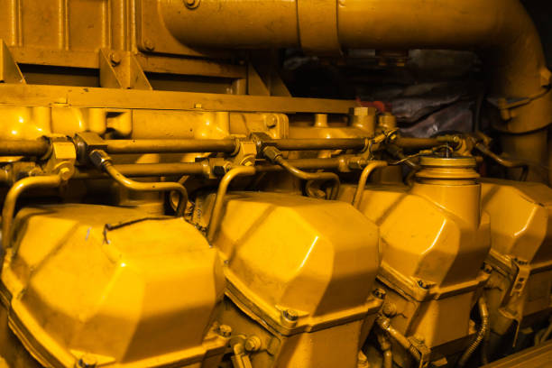 Diesel generator in the engine room of the ship, close-up.