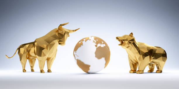istock Golden bull and bear with earth globe 2157741431